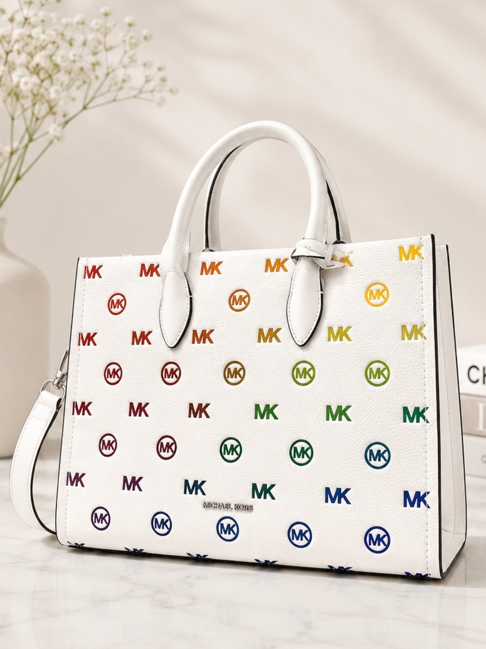 Michael Kors Mirella Medium Rainbow Logo Embossed Tote Bag 🌈